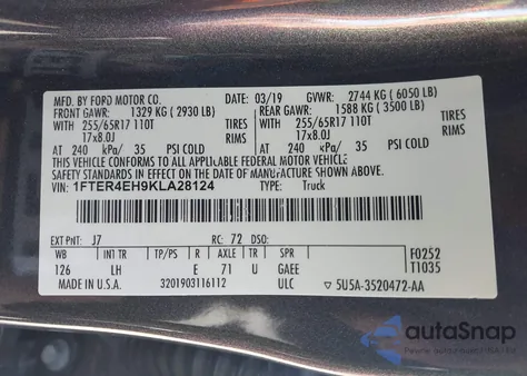 2019 Ford Ranger Xlt z USA, uszkodzony, nr VIN 1FTER4EH9KLA28124